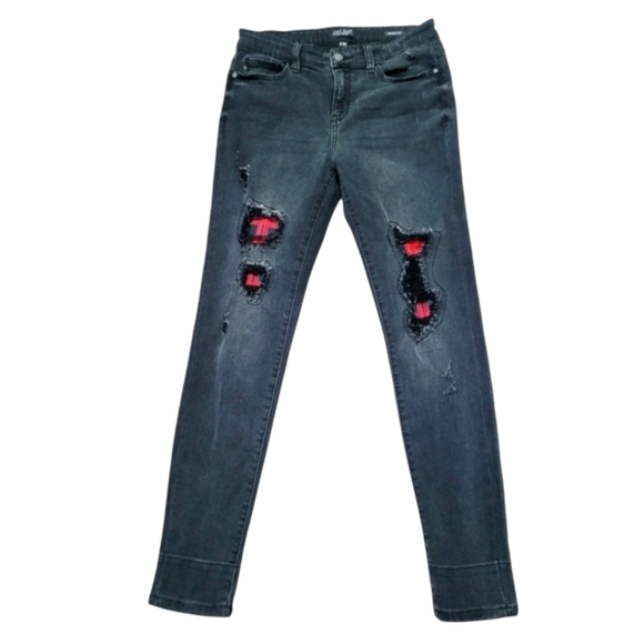 Judy Blue Denim - Judy Blue Skinny Fit Jeans Size 9/29 Black Distressed Red Plaid Patches Stretch
